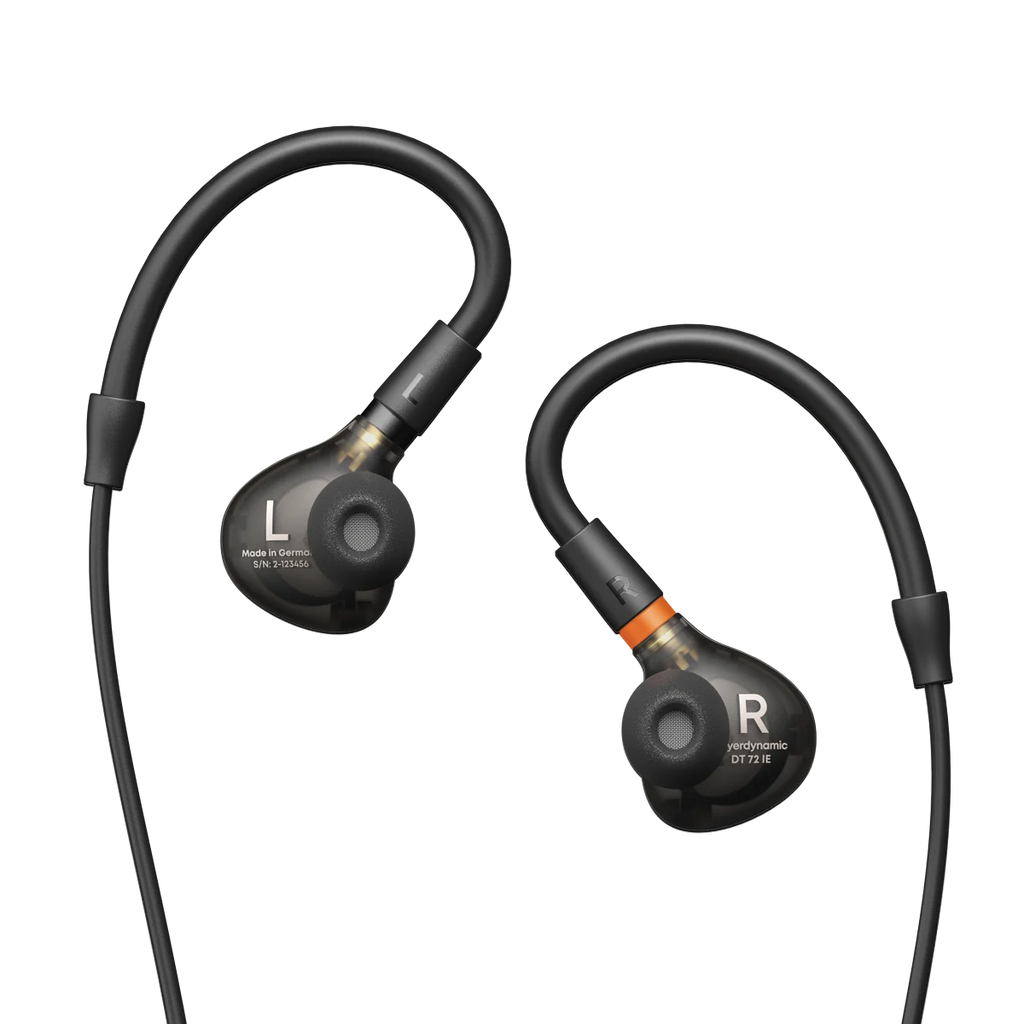 Beyerdynamic DT72IE in-ear monitors for guitar and voice, black in-ear headphones with ergonomic design and detachable cables.