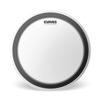 Evans 16-inch UV EMAD bass drum head with bass hoop, durable drum head for bass drums in a close-up shot.