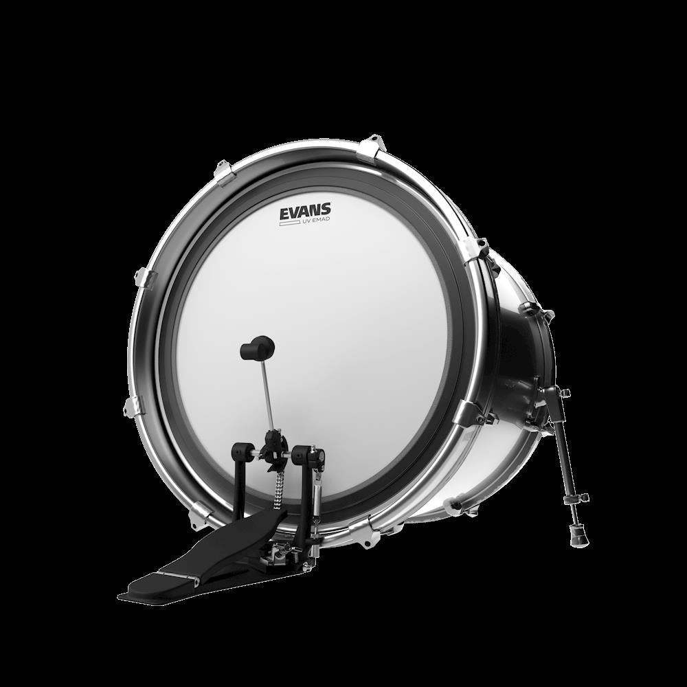Evans 16-inch UV EMAD bass drum head with bass hoop, designed for durable, full sound in drum set setups.
