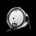 Evans 16-inch UV EMAD bass drum head with bass hoop, designed for durable, full sound in drum set setups.
