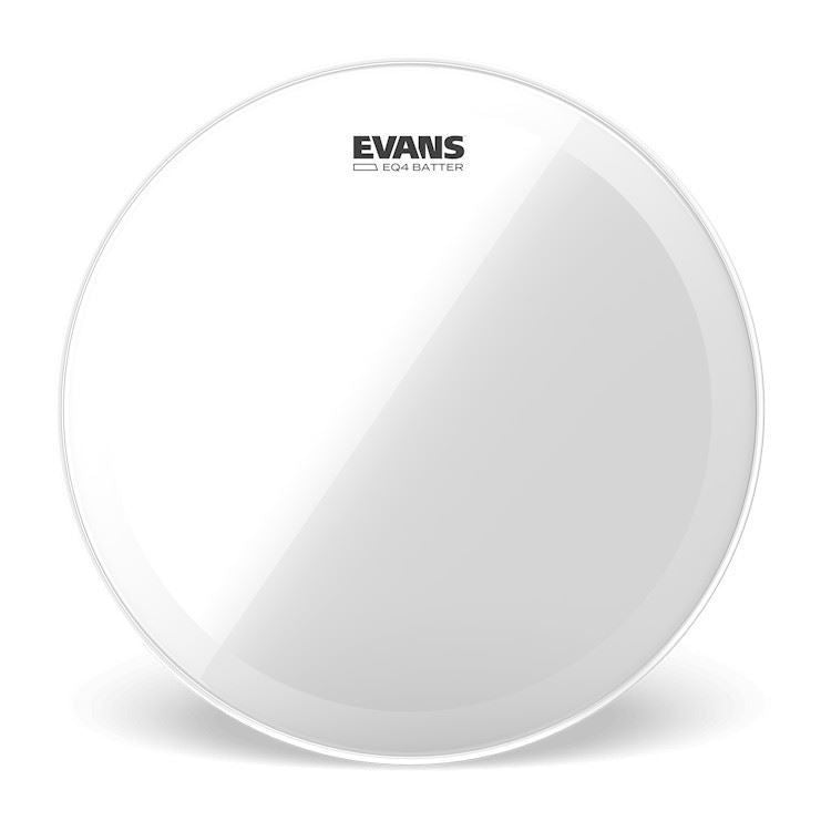 Evans 16-inch EQ4 batter clear drum head mounted on a drum, showcasing its transparent surface and drum head details.