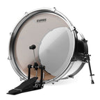 Evans 16-inch EQ4 batter clear drum head mounted on a drum, showcasing its transparent design and high-quality construction.