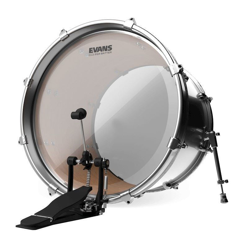 Evans 16-inch EQ4 batter clear drum head mounted on a drum, showcasing its transparent design and high-quality construction.