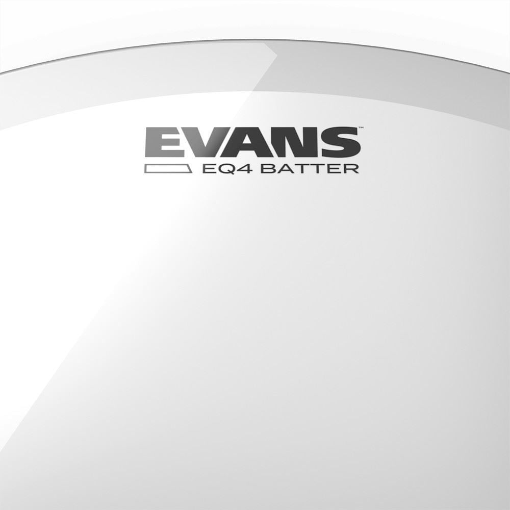 Evans 16-inch EQ4 batter clear drum head mounted on a drum, showcasing its durable, transparent design for drum kit use.
