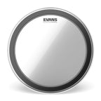 Evans EMAD2 clear 18-inch bass drum head with logo, showing the transparent drum head and Evans branding.