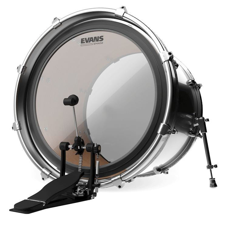 Evans EMAD2 clear 18-inch bass drum head, drum heads by Evans, showing the transparent design and logo on the drum head.