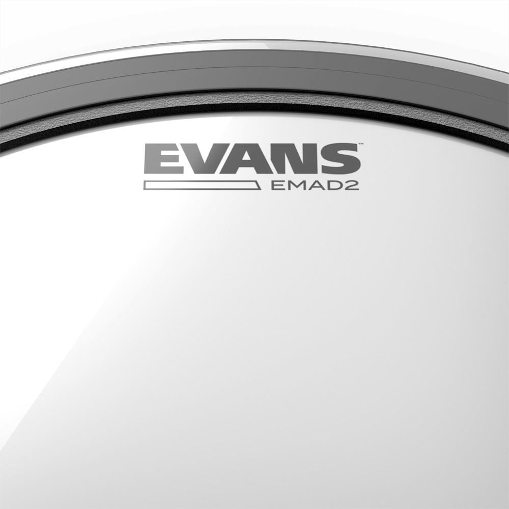 Evans EMAD2 18-inch clear bass drum head with dampening ring, designed for deep, resonant bass drum sound.