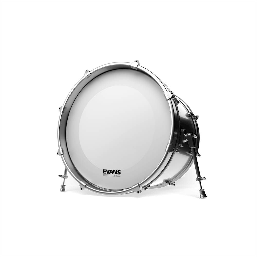 Evans EQ3 resonant coated white 24-inch bass drum head without port, suitable for deep, full sound in drum kits.