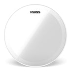 Evans EQ4 clear 26-inch bass drumhead mounted on drum, showcasing drum head with Evans branding for bass drum sound projection.