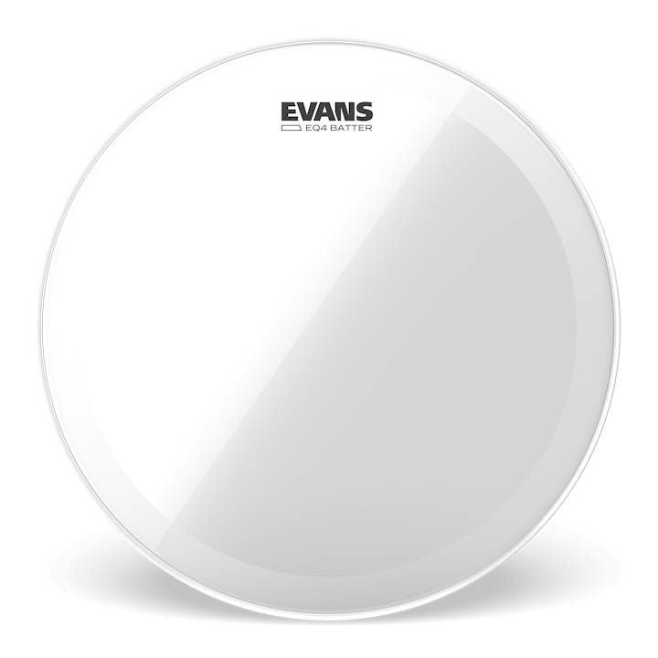 Evans EQ4 clear 26-inch bass drumhead mounted on drum, showcasing drum head with Evans branding for bass drum sound projection.