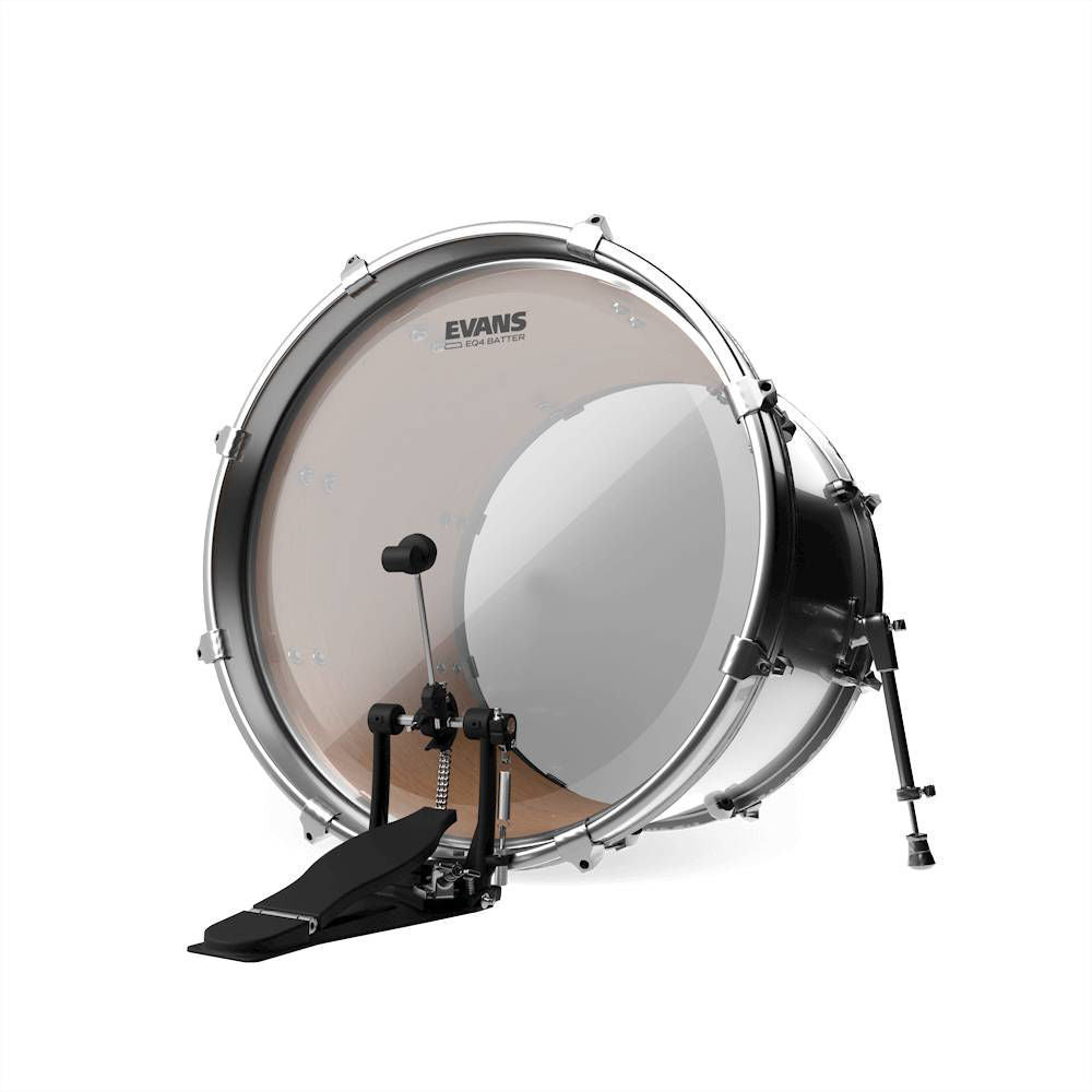 Evans EQ4 clear bass drumhead for 26-inch bass drum, showing the transparent drum head with Evans branding.
