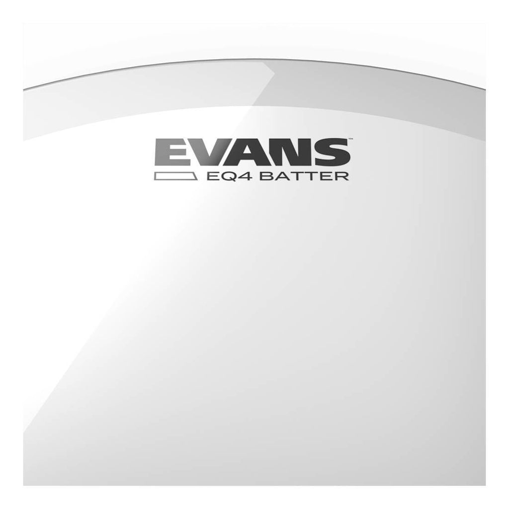 Evans EQ4 clear bass drumhead, 26-inch size, showing the transparent drum head with Evans branding and drum shell.