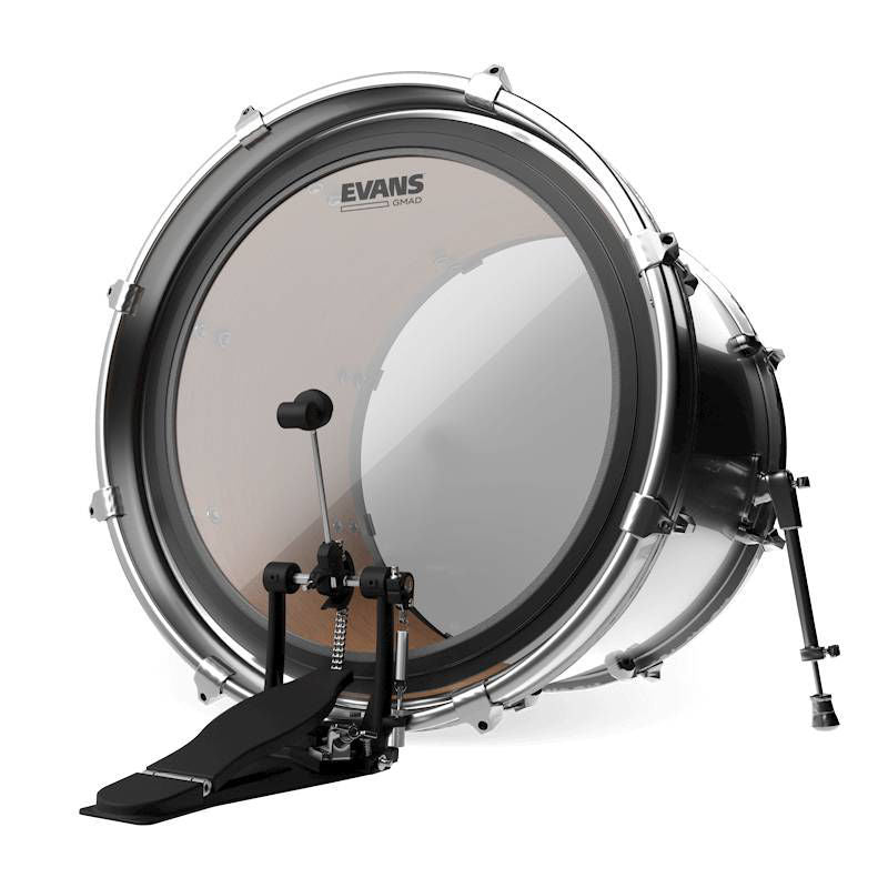 Evans GMAD clear 26-inch bass drum head mounted on drum, showing smooth, transparent surface and durable drum head material.