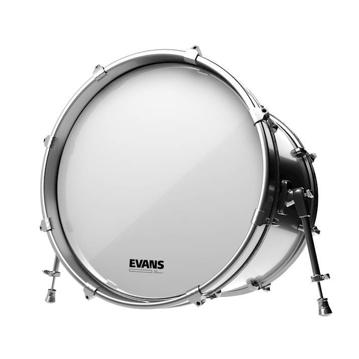 Evans 26-inch EQ3 No Port smooth white bass drumhead showcasing its sleek design and resonant features.