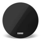Evans EQ3 No Port Resonant black bass drumhead on a 28-inch drum, showcasing the durable, resonant head designed for bass drums.