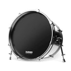 Evans EQ3 No Port Resonant black bass drumhead on 28-inch drum, showing the drumhead with brand logo and smooth black surface.