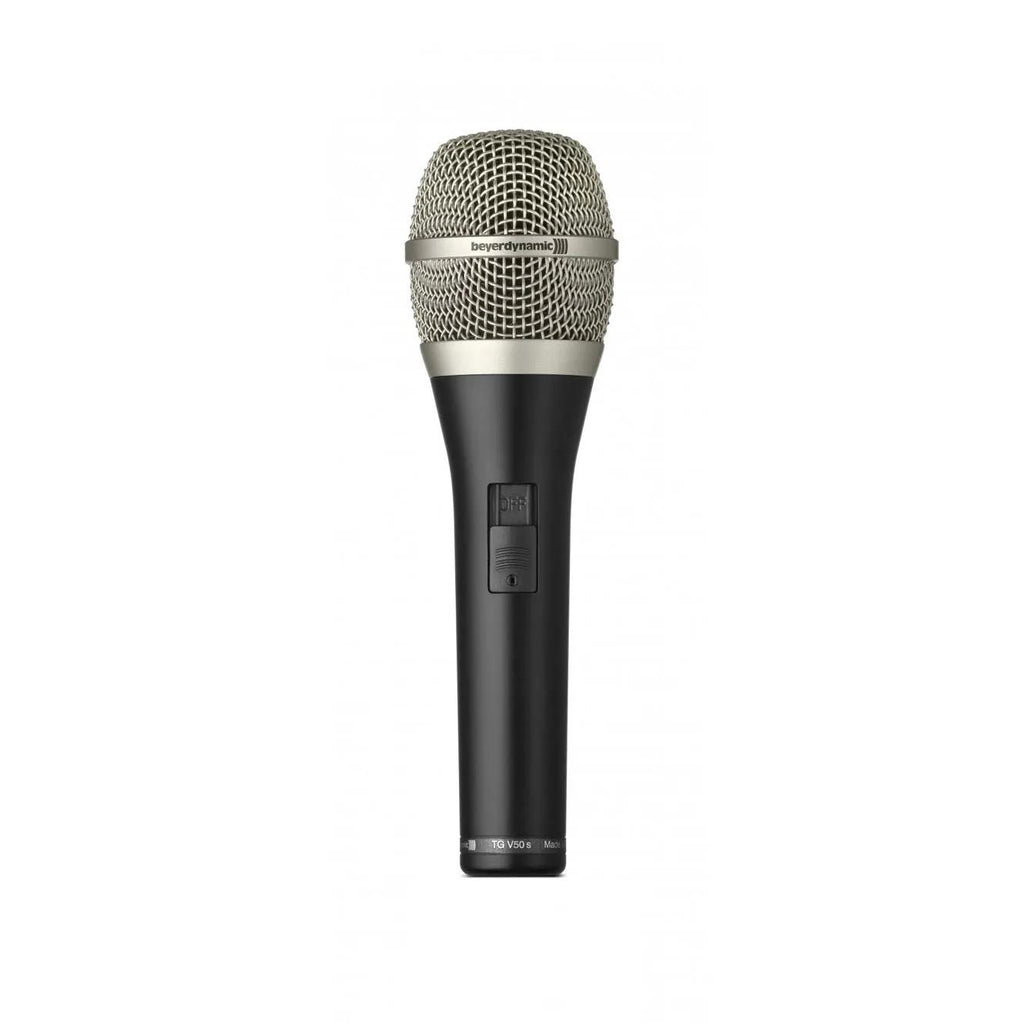 Beyerdynamic TG V50 s cardioid dynamic vocal microphone with switch, showcasing sleek design and XLR connector.