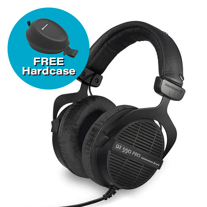 Beyerdynamic DT 990-PRO open-back studio headphones in black with 80Ω impedance, showing the over-ear design and open ear cups.