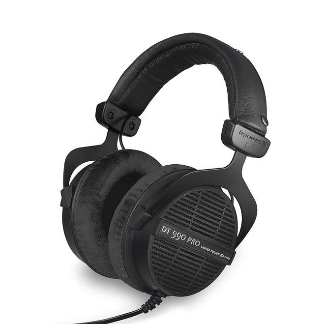 Beyerdynamic DT 990-PRO open-back studio headphones in black with silver accents, 80Ω, featuring large ear cups and adjustable headband.