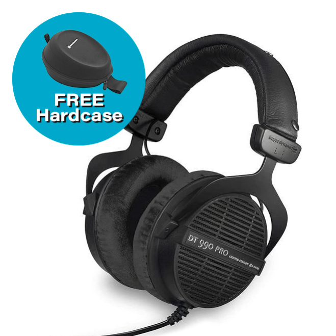 Black Beyerdynamic DT 990-PRO open-back studio headphones with 80Ω impedance, featuring a sleek design and comfortable ear cups.