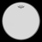 Remo Emperor 14-inch smooth white drumhead for drums, showing a close-up of the drumhead's surface and branding.