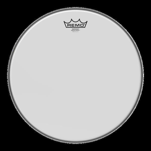 Remo Emperor 14-inch smooth white drumhead for drums, showing a close-up of the drumhead's surface and branding.