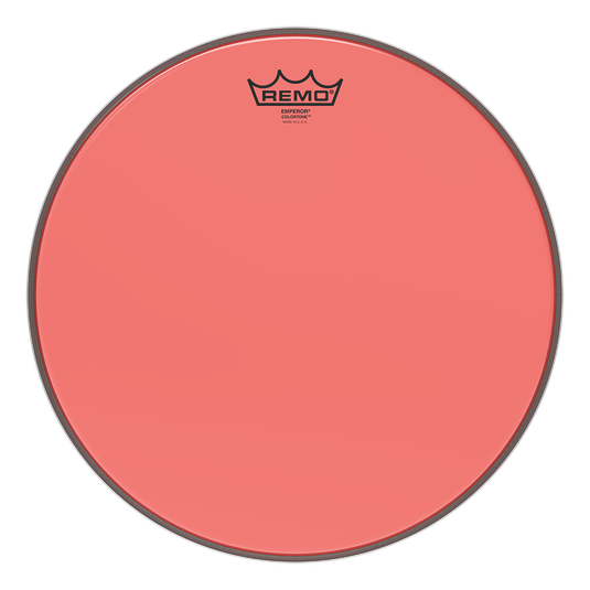 Red Remo Colortone Emperor 8-inch drum head with vibrant color and textured surface for drum set percussion.