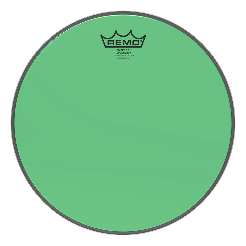 Remo Colortone Emperor 12-inch green drum head for drums, featuring vibrant green color and durable construction.