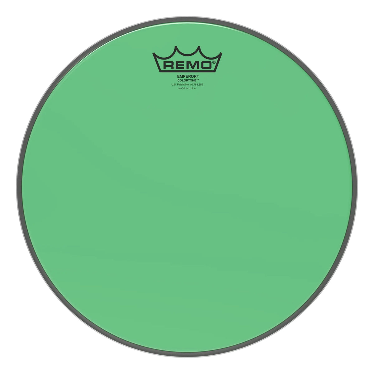 Green Remo Colortone Emperor 10-inch drum head with vibrant color and clear branding, designed for professional drum sets.