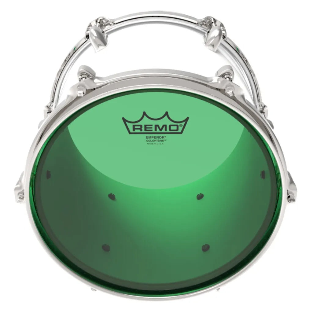 Remo Colortone Emperor 12-inch drum head in vibrant green, designed for drum kits and percussion.