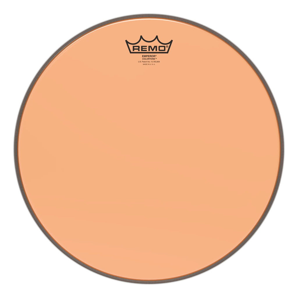 Orange Remo Emperor Colortone 12-inch drum head showing vibrant color and branding on a drum surface.