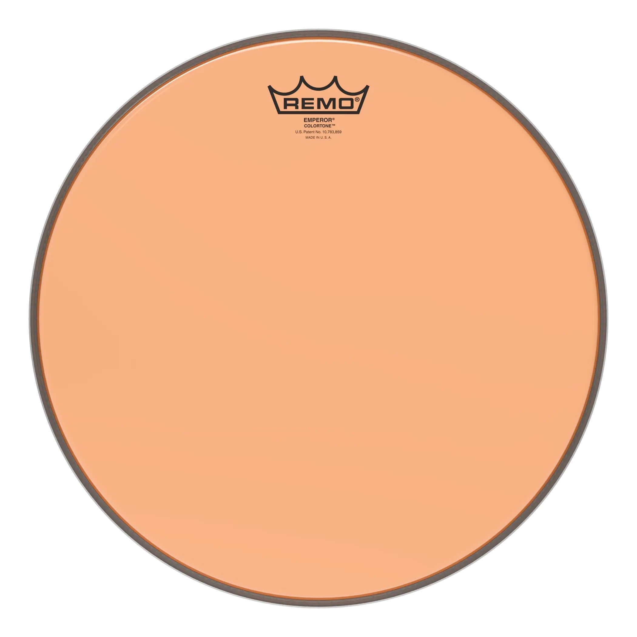 Orange Remo Emperor Colortone 12-inch drum head showing vibrant color and branding on a drum surface.