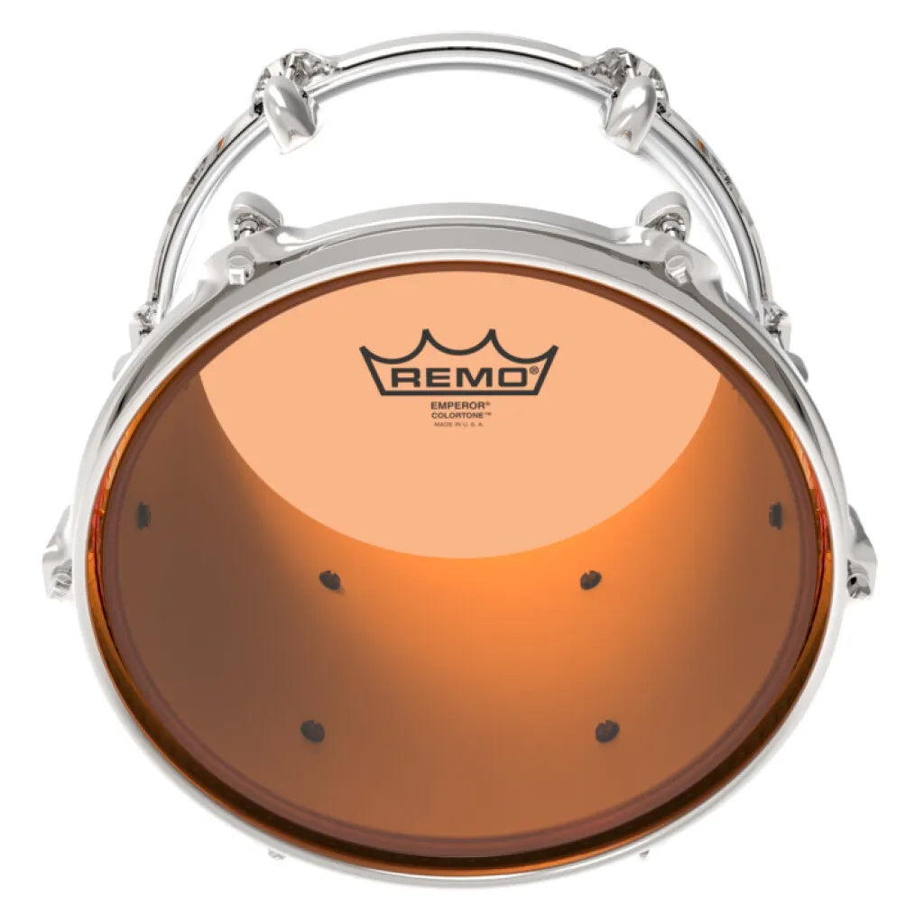 Remo Colortone Emperor 10-inch drum head in vibrant orange, designed for drum sets and percussion instruments.