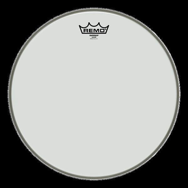 Remo Emperor Clear 13-inch drumhead for drums, showing a transparent drumhead with branding and drum hardware visible.