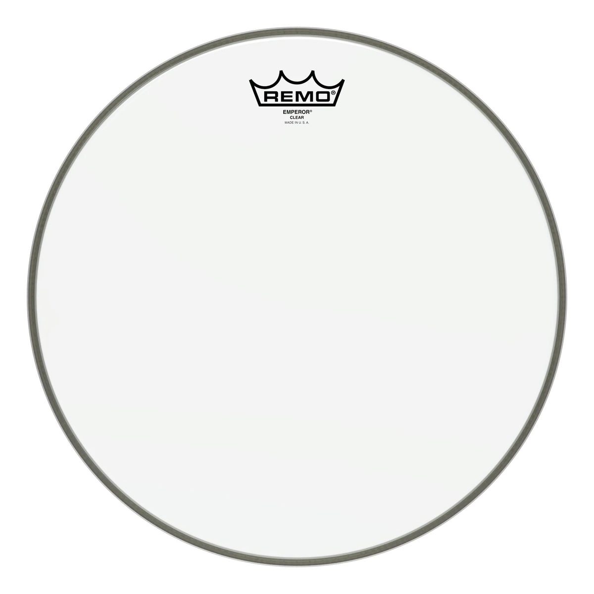 Remo Emperor Clear 14-inch drumhead displaying a transparent drum head with brand logo and packaging details.