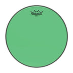 Remo Colortone Emperor 14-inch green drum head showing vibrant green surface with black logo and textured surface.