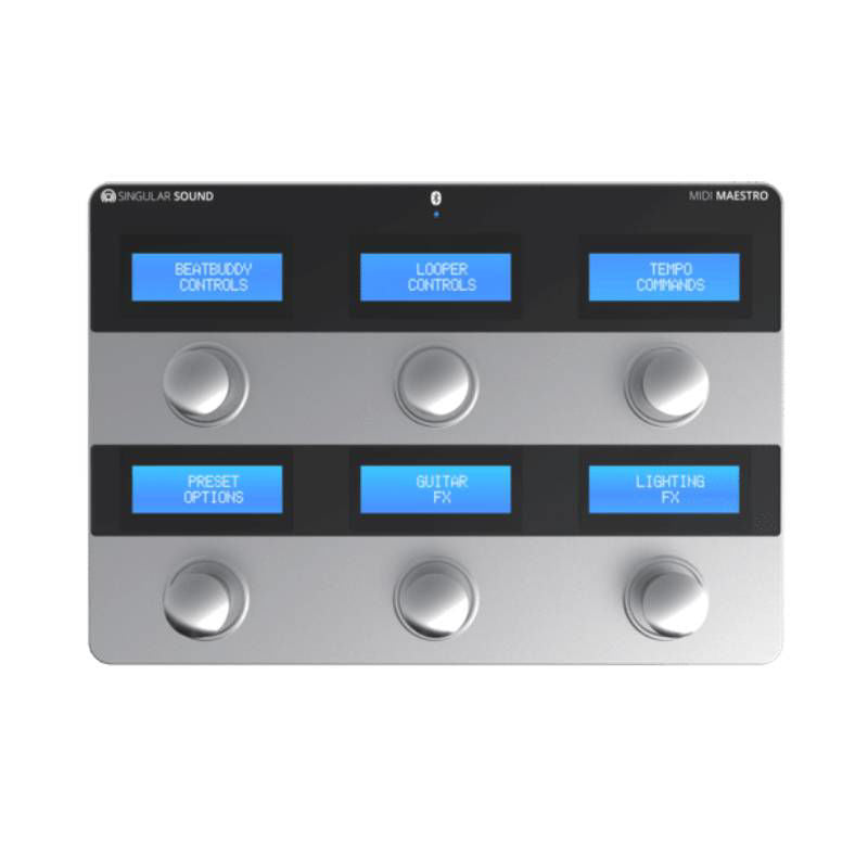 Singular Sound MIDI Maestro effects pedal foot controller with multiple switches and knobs for guitar effects and MIDI control.