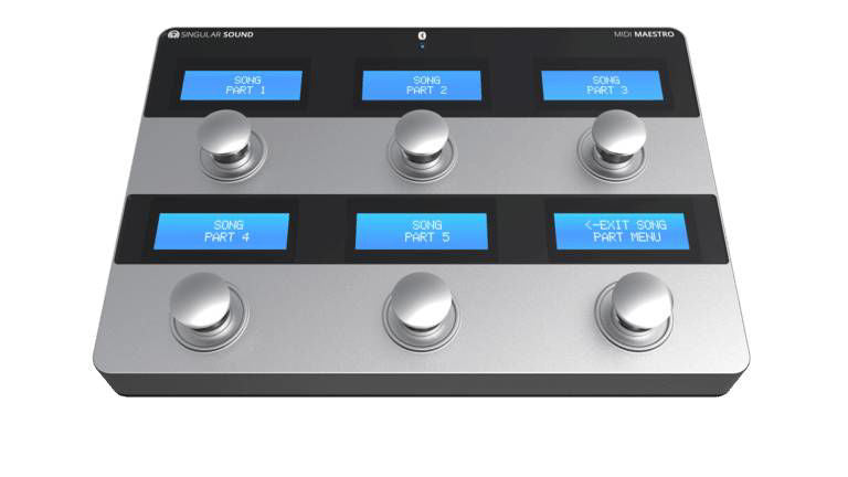 Singular Sound MIDI Maestro effects pedal foot controller with multiple footswitches and control knobs for guitar and music setup.