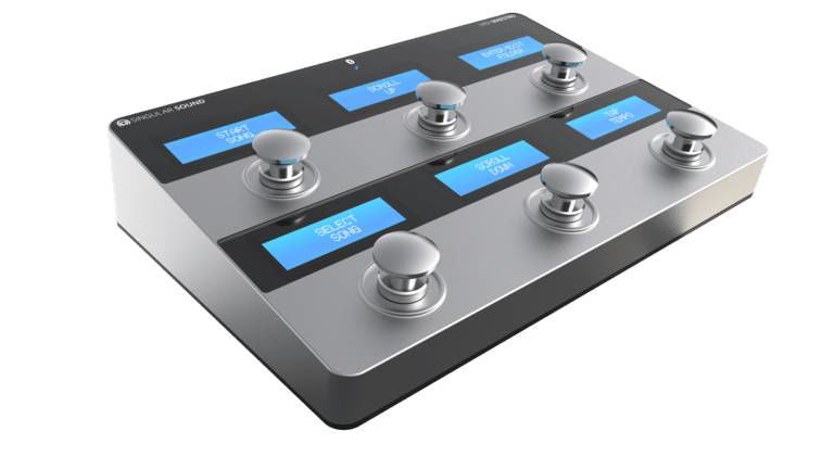 Singular Sound MIDI Maestro effects pedal foot controller with multiple switches and connection ports for guitar effects.