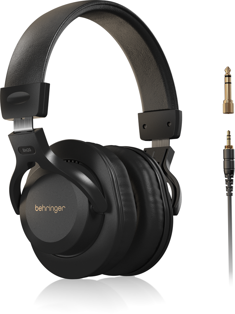 Behringer BH20 closed-back studio headphones with black ear cups and headband, designed for professional audio monitoring.