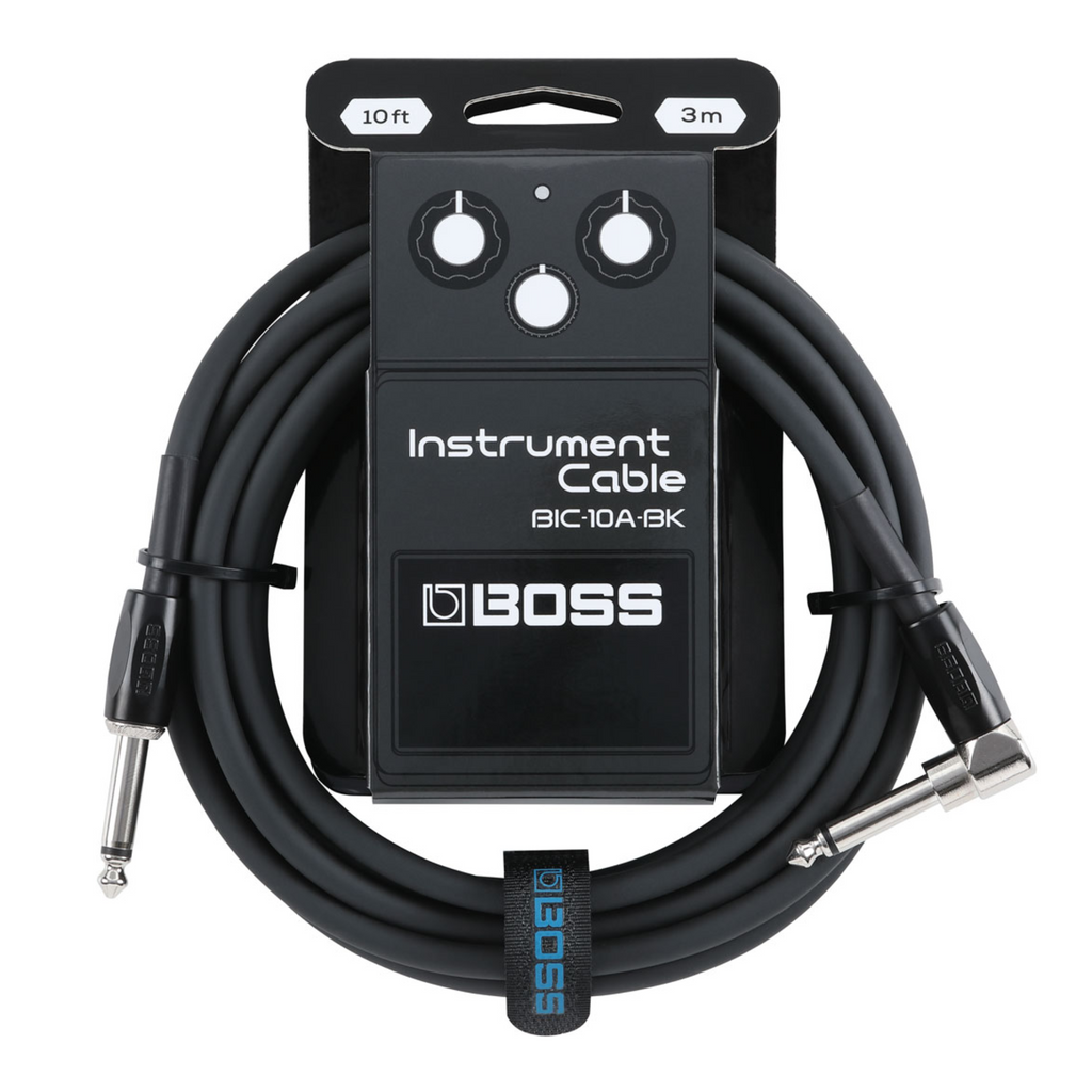 BOSS BIC-10A-BK 10ft guitar instrument cable in black, with male connectors on both ends, designed for musical instrument connection.