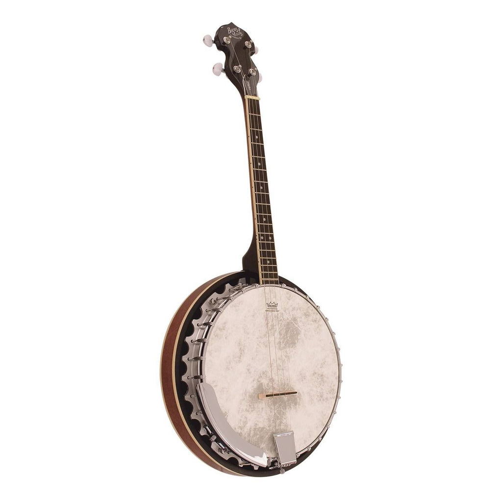 Barnes & Mullins BJ304GT Gaelic tenor banjo with four strings, featuring a wooden body and metal hardware for folk and bluegrass music.