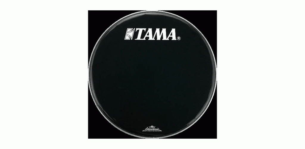 Tama BK18BMTT black drum head with Tama logo, showcasing the sleek, durable surface designed for drum kit use.
