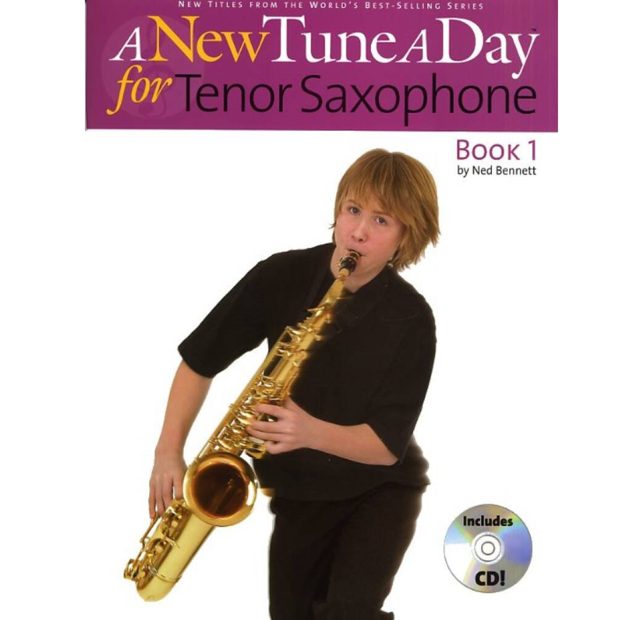 Open tenor saxophone book titled "A New Tune a Day Tenor Sax Book 1" from Brass & Woodwind Accessories collection.
