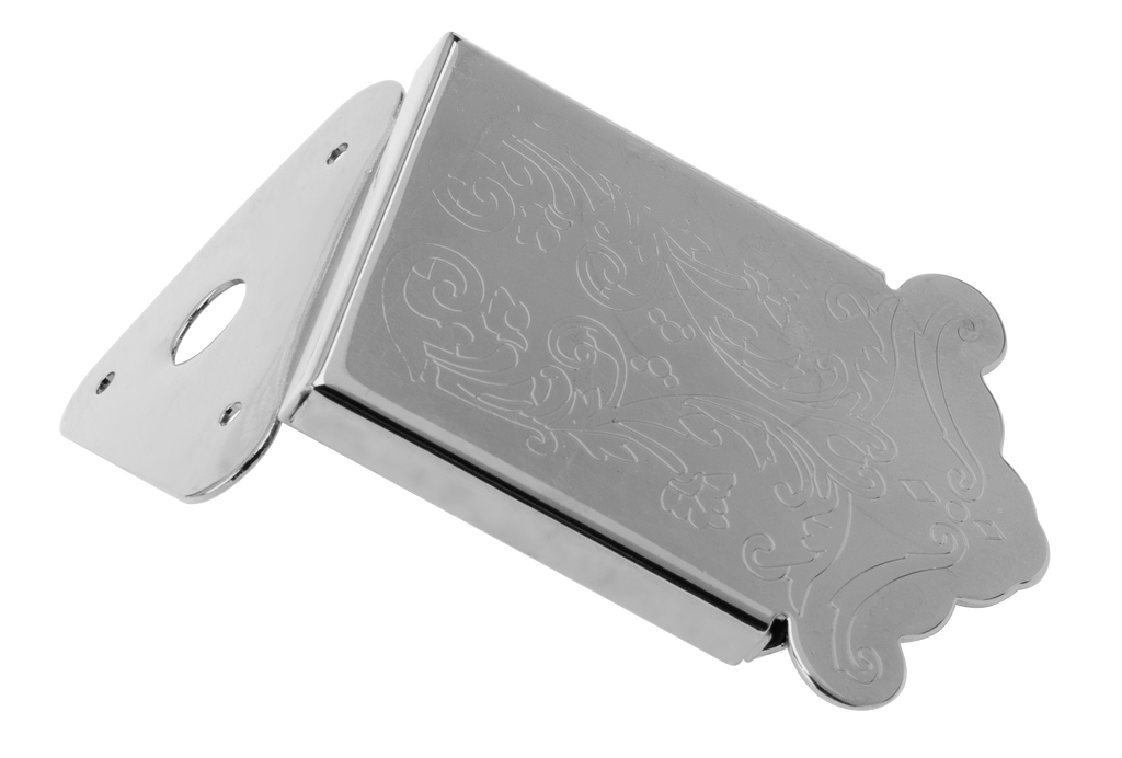Bryden Mandolin Tailpiece for folk and bluegrass instruments, shown in metallic finish with mounting screws.