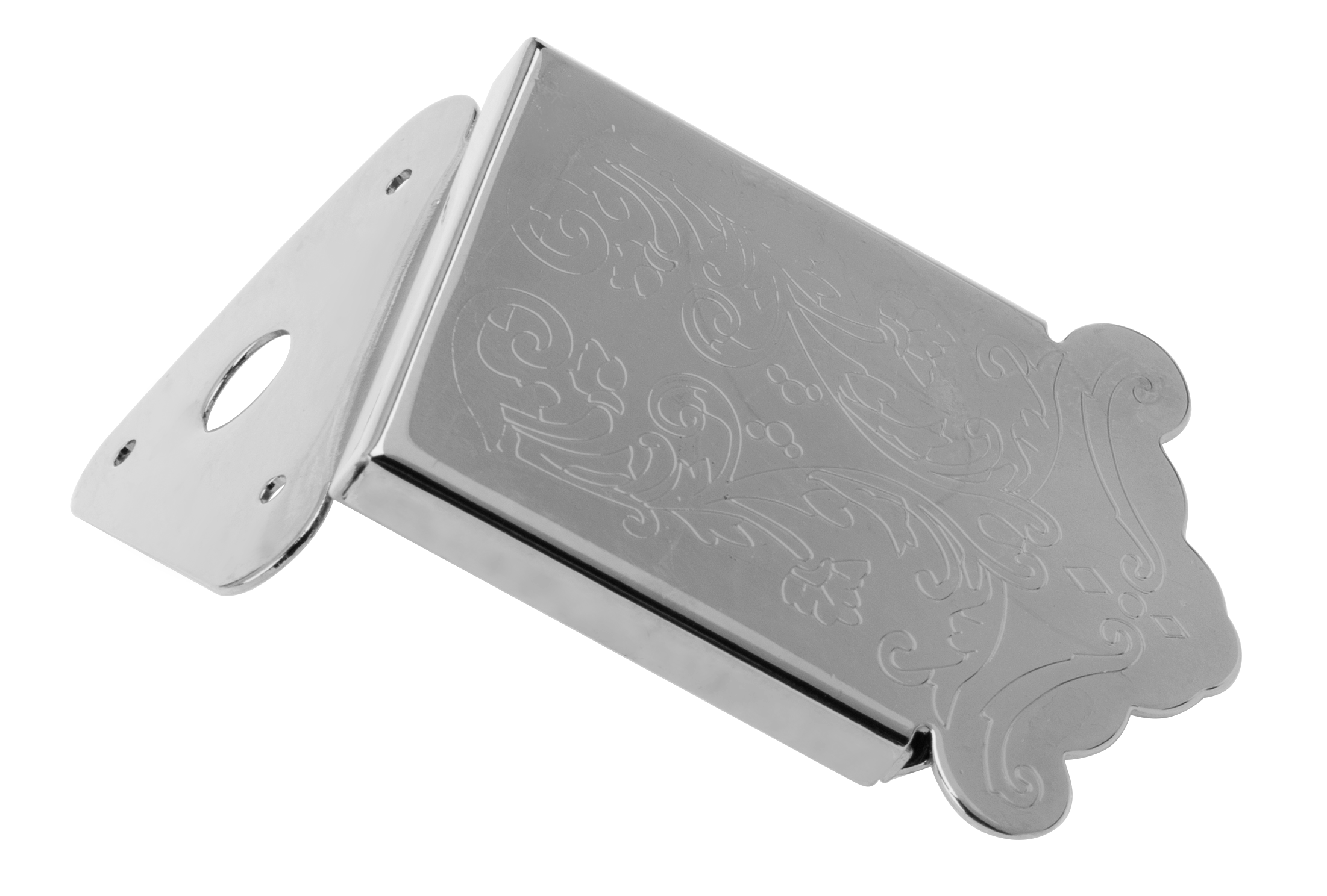 Bryden Mandolin Tailpiece for folk and bluegrass instruments, shown in metallic finish with mounting screws.