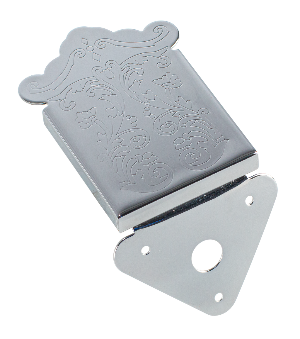 Bryden Mandolin Tailpiece for folk and bluegrass instruments, shown in a close-up image highlighting its metal construction and mounting details.