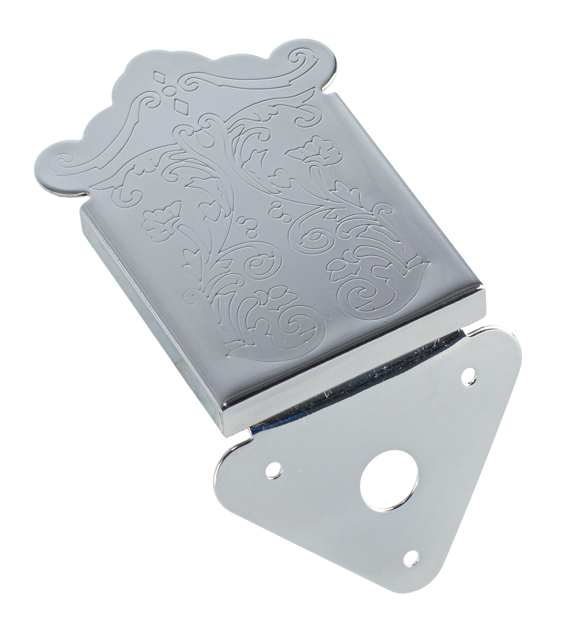 Bryden Mandolin Tailpiece for folk and bluegrass instruments, shown in a close-up image highlighting its metal construction and mounting details.