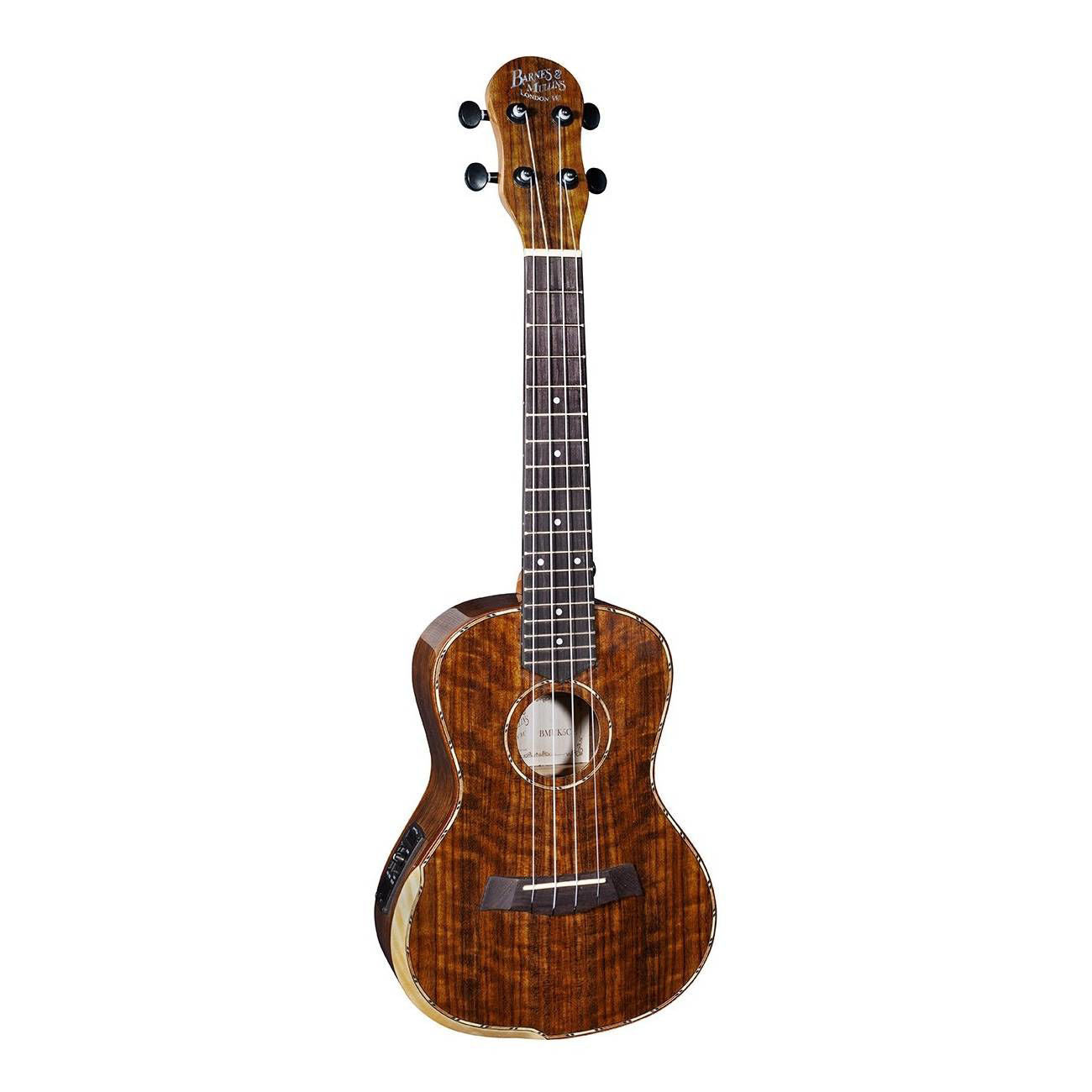 Barnes & Mullins Walnut concert ukulele with pickup, showing the wooden body and strings, designed for musical performance.