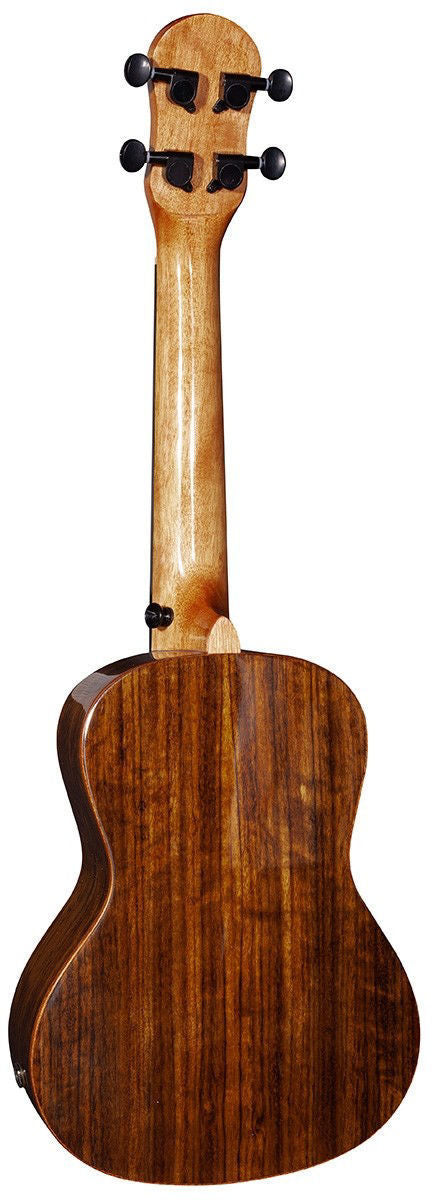 Barnes & Mullins Walnut Concert Ukulele with pickup, showing the wood grain and body details, designed for musical performance.